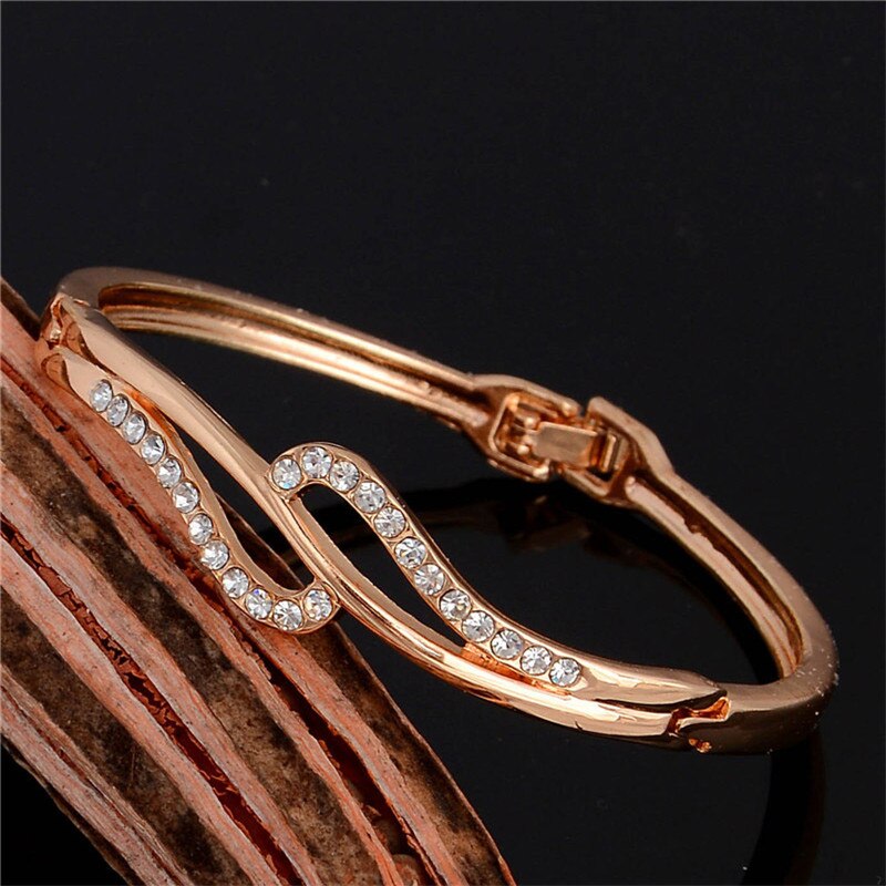 SHUANGR Elegent Hartvorm Open Bangle Voor Vrouwen Ingelegd Ronde Rhinestone Rose Goud Kleur Armband Sieraden TZ323