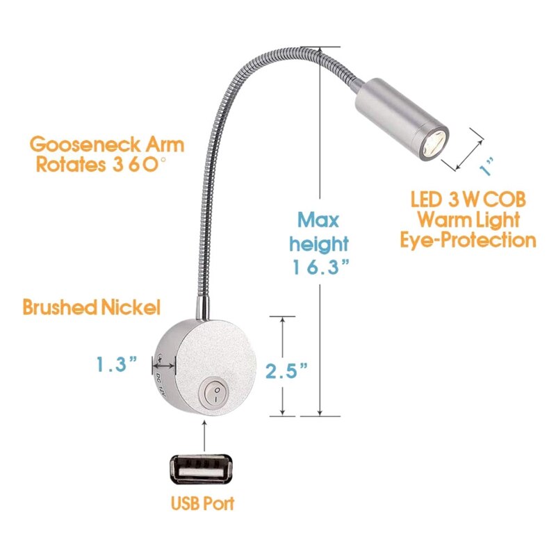 2 Stuks Dc 12V Leeslamp Met Usb Poort Opladen, Rv Interieur Verlichting, flexibele Led Armaturen (Zilver)