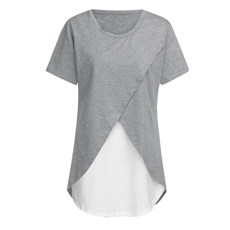 Zwangerschaps- en voedingsshirts, gestreept zomer-t-shirt met ronde hals, korte mouwen, onregelmatige tops, casual borstvoedings-t-shirt: Grijs / Ik