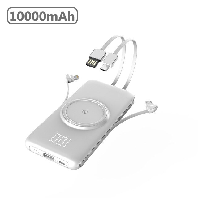 CASEIER Energie Bank 20000mAh Drahtlose Tragbare Energie 4 Kabel 10000mAh Banken Schnelle Ladung Für Xiaomi Carica Batteria Cellulare: 10000 mAh (Weiß)