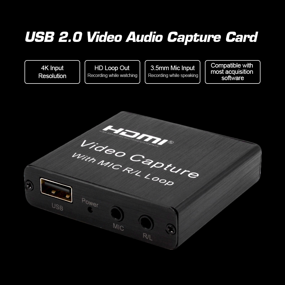 Video Audio Capture Card USB 2.0 HD 1080P 4K Video Converter HD Loop Out Mic Input Audio Out Plug and Play for Game Video