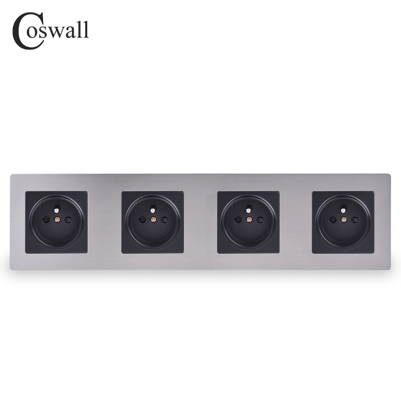Coswall Rvs Panel 4 Gang Stopcontact 16A Franse Standaard Stopcontact Zilver Zwart Kleur Kind Beschermende Deur