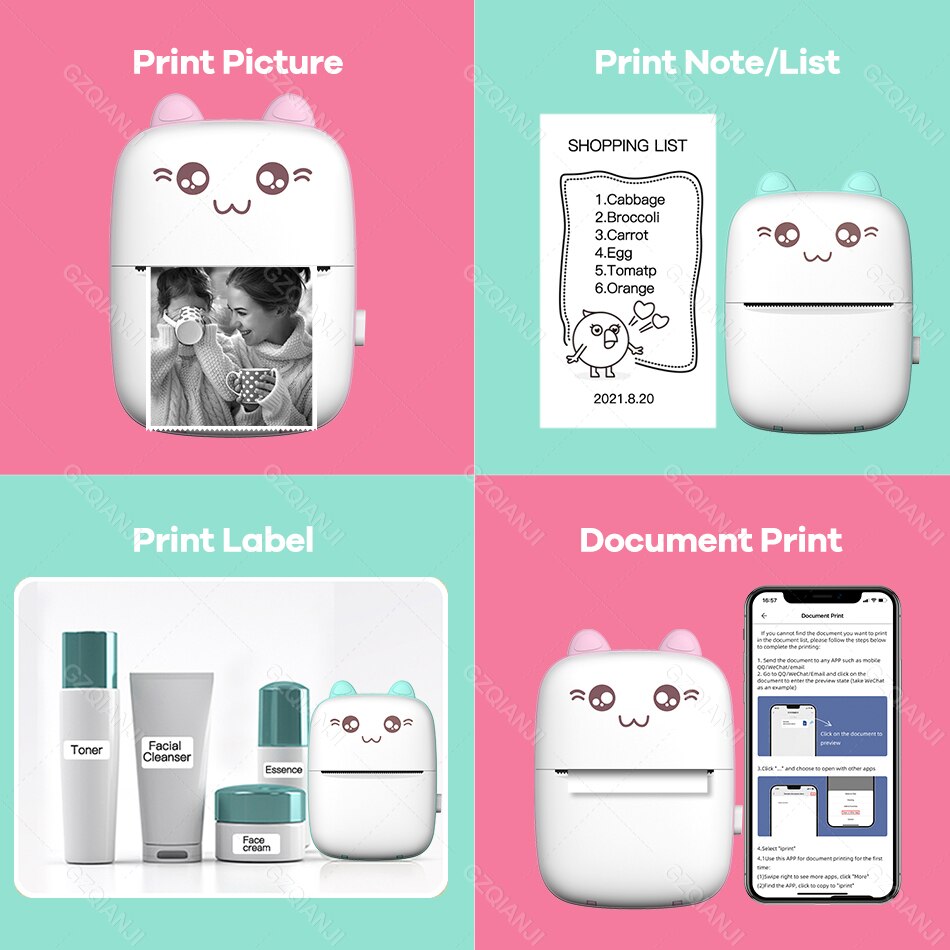 Thermal Printer 203DPI Portable Bluetooth 4.0 Thermal Photo Printer Wireless Inkless Mini Pocket Label Notes Printer With Papers