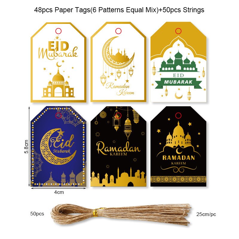 48 stk muslimsk eid mubarak tag ramadan festival fest dekoration taske kasser hænge tags dekor stjerne måne lille tag eid forsyninger: -en