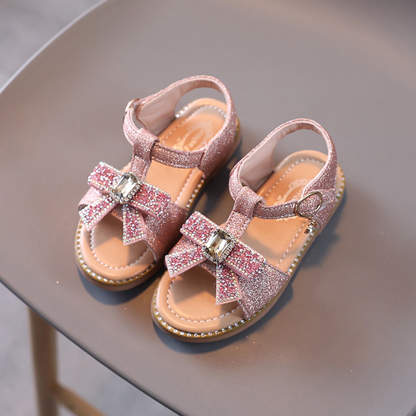 1~7 Years Kids Girls Shoes Bling Sandals Summer Beach Sandal Bowknot Children Crystal Princess Shoes Silver Baby Toddlers Sandal: Pink / 27