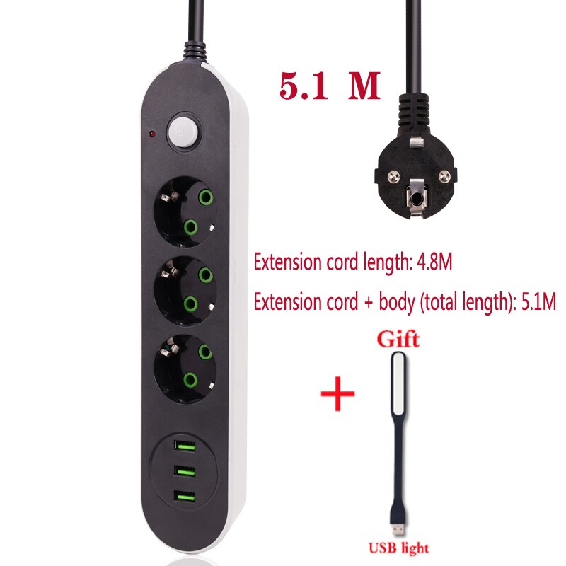 Smart USB Power Strip Socket EU Plug 3 USB Charge 5M Power Cord Wall Charge Adapter For Robot Vacuum Cleaner Humidifier: 4.8M