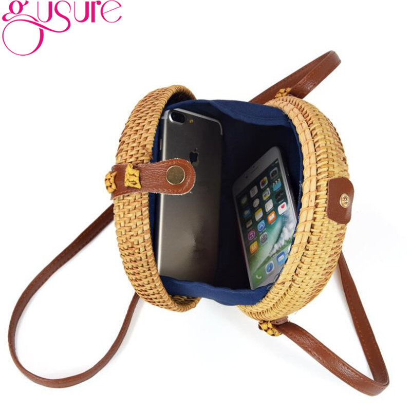 Gusure Vintage Handmade Crossbody Women Bag Round Beach Circle Rattan Bag Small Shoulder Bags Bohemian Handbags Travel Styles