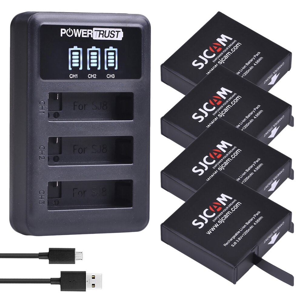 3X1200 Mah Originele SJ8 Oplaadbare Li-Ion Batterij + Led 3-Kanaals Usb Oplader Voor Sjcam SJ8 Serie sport Actie Camera: 4Battery and charger