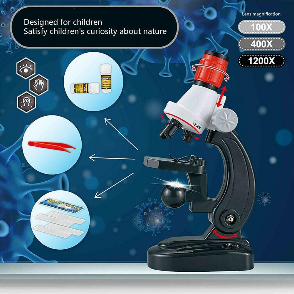 Children's Microscope Science Kit Plastic Beginner Kit 400X 100X Children's Science 1200X Magnification LED Toys Microscope E5B4