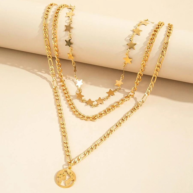 Multilevel Gold Map Pendant Jewelry For Women Wedding Tassel Star Chain Choker Necklaces N0274
