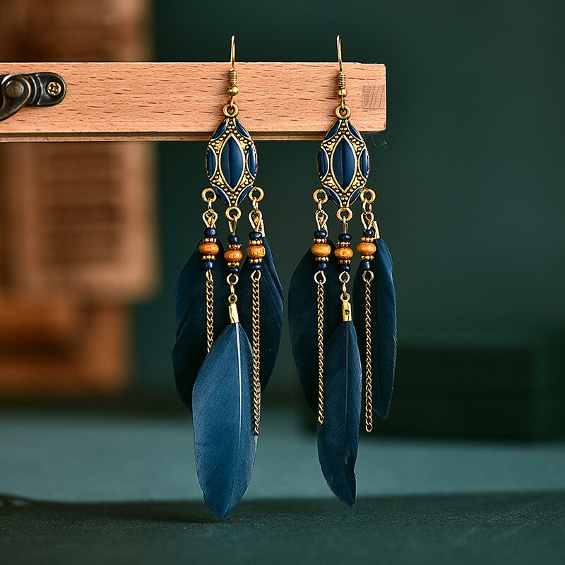 Etnische oorbellen met veren, damessieraden, bohemian zomerse metalen oorbellen met lange kwastjes, indiase sieraden