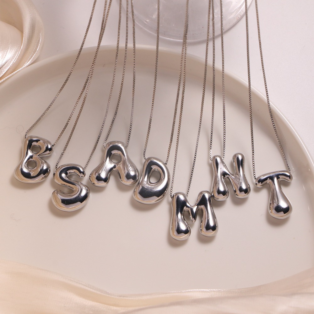Stainless Steel Chubby Initial Alphabet Balloon Bubble Letter Box Chain Necklace Glossy PVD Waterproof Chic Jewelry Choker