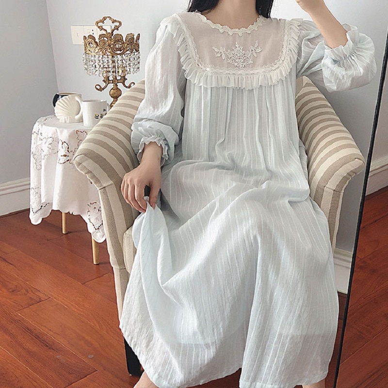 White Lace Cotton Women's Vintage Long Nightgowns Autumn Sleepwear Female Night Dress Home Wear 2219