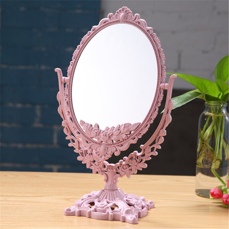 Desktop Makeup Mirror Double-sided Beauty Vanity Mirrors European Style Retro Household Princess Mirror Bracket Lady Mirrors: Pink oval
