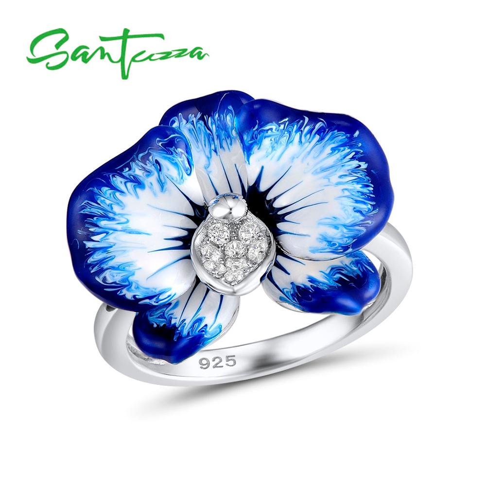 SANTUZZA flor azul anillo de plata de la joyería pendientes colgante conjunto para mujer Plata de Ley 925 de Chic, joyería hecha a mano, esmalte