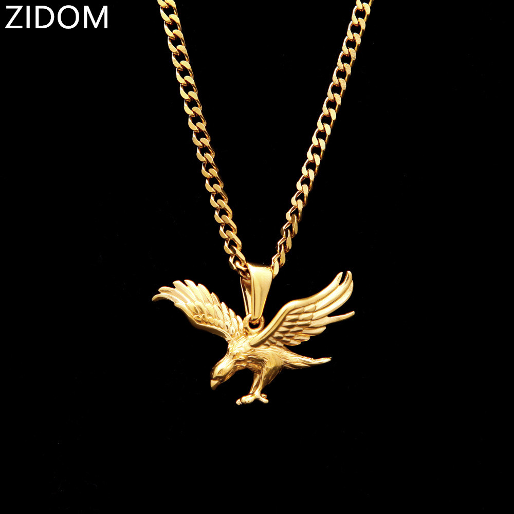 Halskette mit Adler-Anhänger für Herren - Edelstahl, Goldfarben, Hip-Hop/Rock-Stil