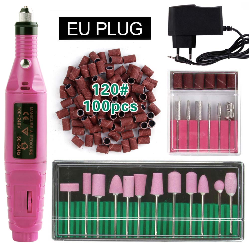 Elektryczne aparaty do Manicure urządzenie do Pedicure kwarcowe wiertła do paznokci 100Pc szlifowanie taśmy szlifierskie pilnik do paznokci bufor żel usuń: Pink EU Plug 120