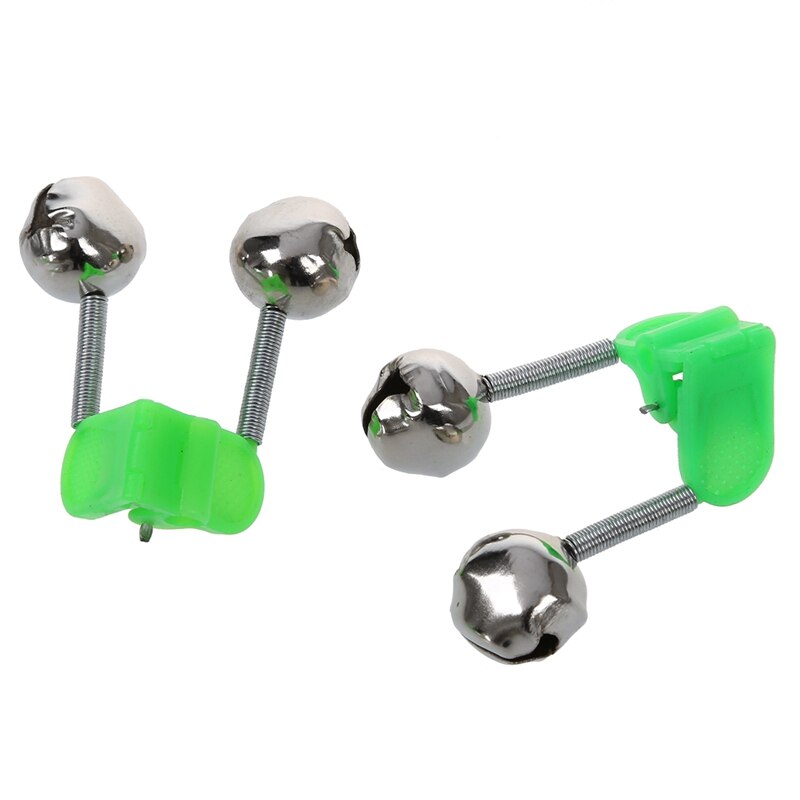 10 Pcs Green Spring Loaded Clip Double Fishing Rod Alarm Bells Silver Tone