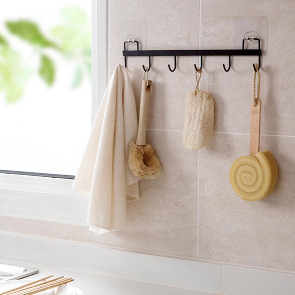 Adeeing Free Punching Hook Metal Strong Adhesive Long Multiple Hooks Kitchen Bathroom Wall Hook Decoration: white