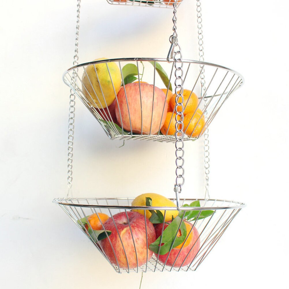 3-Tier Wire Hanging Basket Stainless Steel Basket Fruit Swing Bowl Vegetables Rack Display Stand