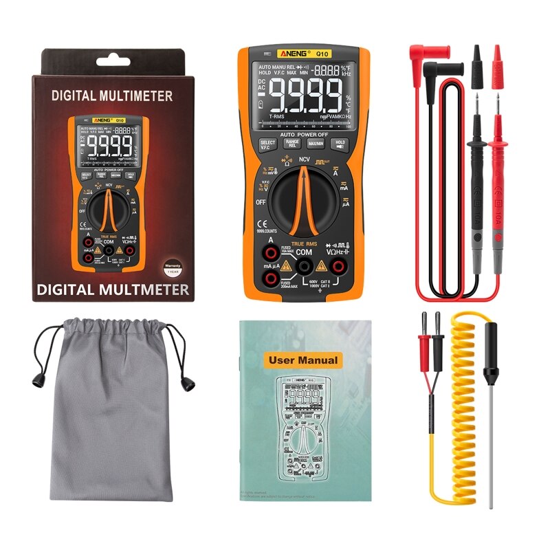 ANENG Q10 Digital Multimeter 9999 Counts LCR Meter True RMS Analog DIY Transistor Capacitor NCV Tester Tester: Orange -Standard