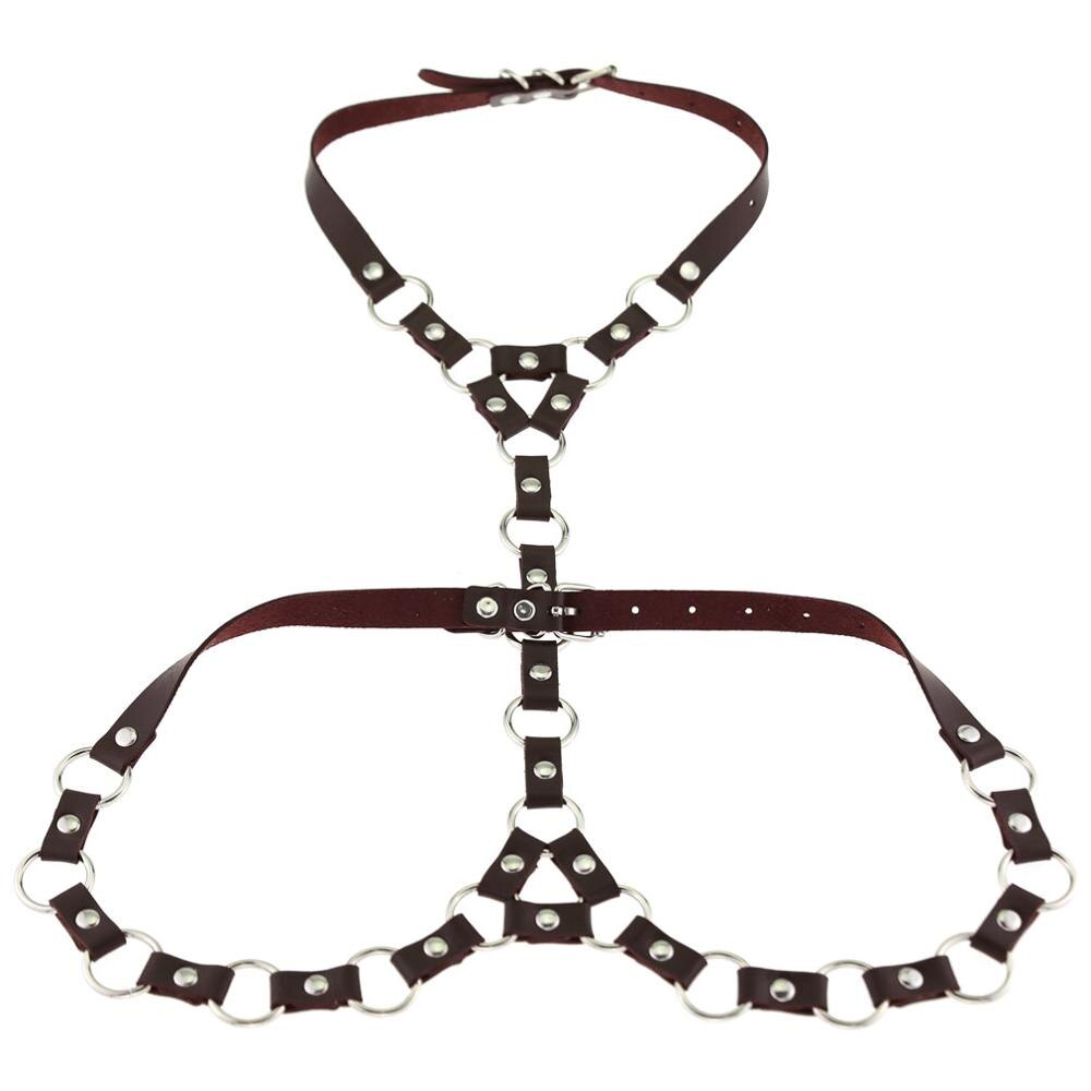 Mode Punk PU Lederen Harnas Body Met O-Ring Choker Bondage Taille Riemen: coffee