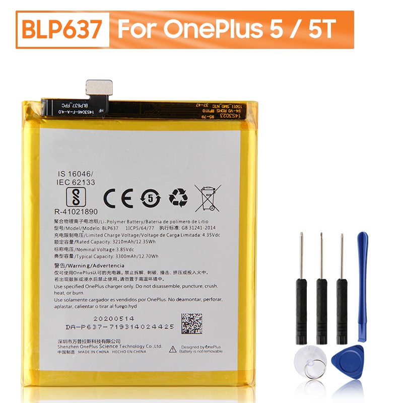 Batterie de remplacement blp 637 pour oneplus 5 5t batterie d'origine avec outils gratuits (3300 5t 5