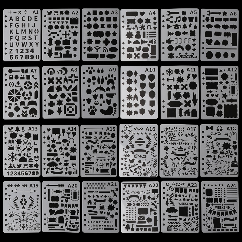 24Pcs Drawing Template Stencils Journal Notebook Diary Scrapbooking A5 DIY Stationery School Office Supplies