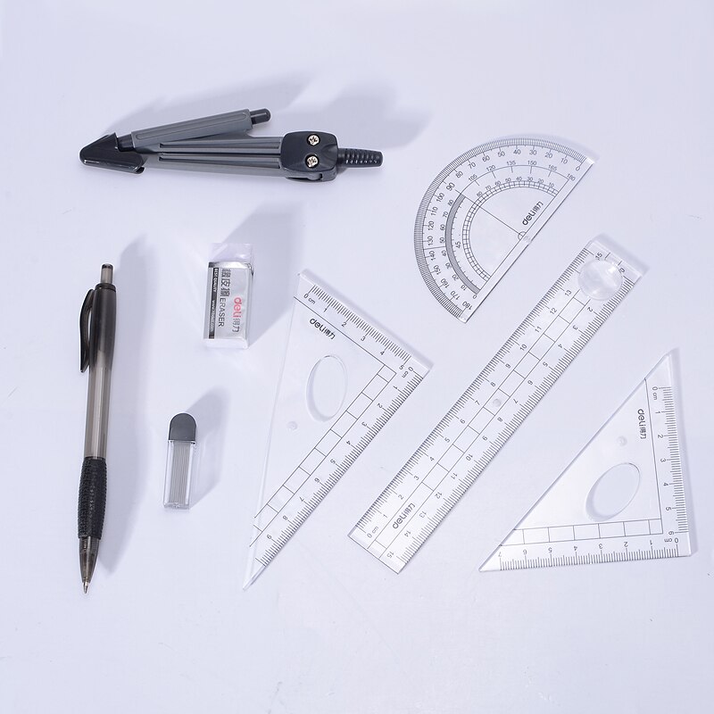 8Pcs/set Drawing Portable School Math Geometry Protractor Compass Ruler Pencil Essentials Math Study Tool Kit with Storage Box