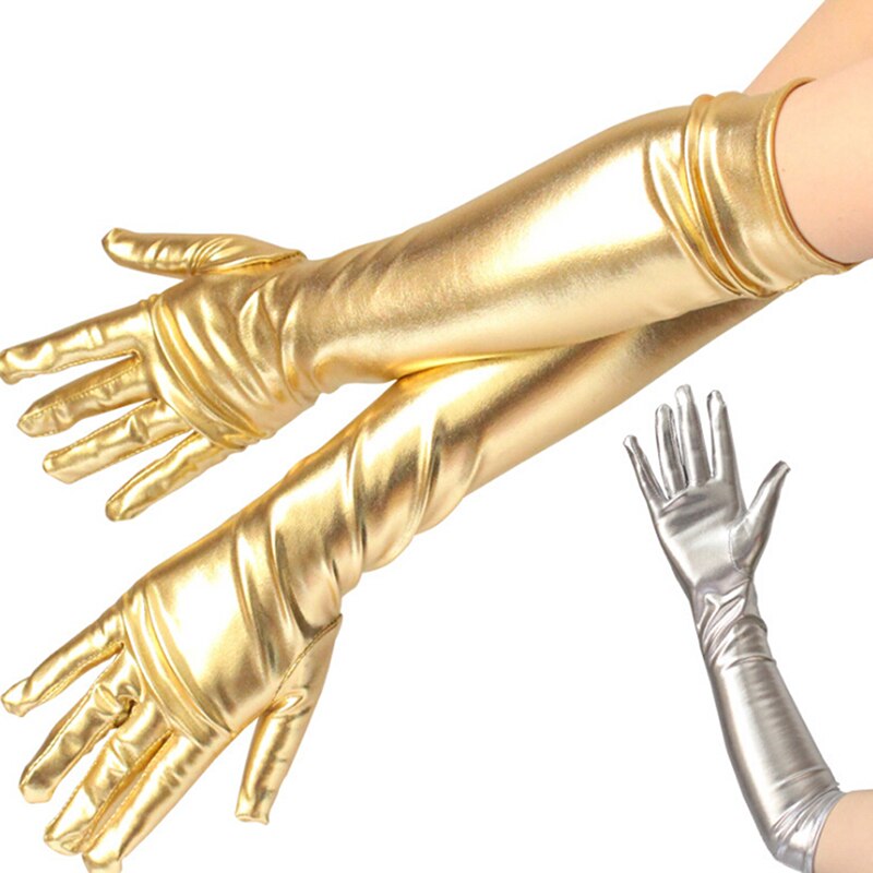 Vrouwen Sexy Elleboog Lengte Lange Latex Handschoenen Avondfeest Prestaties Wanten Gold Zilveren Wetlook Nep Leer Metallic Handschoenen