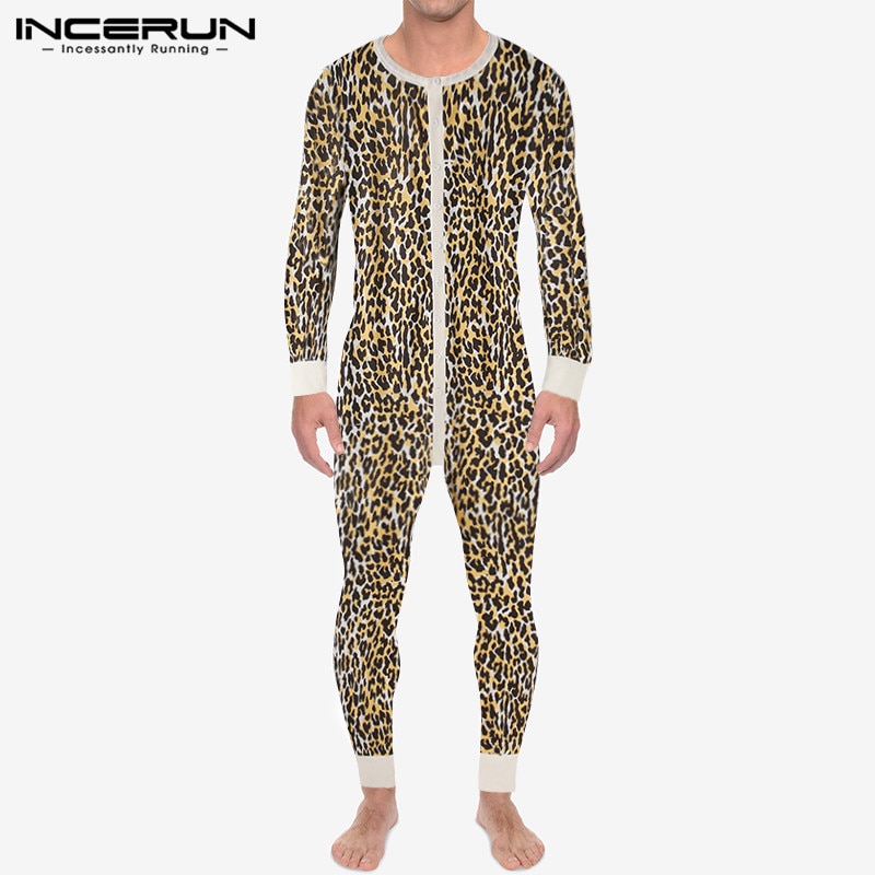 INCERUN Men Pajamas Jumpsuit Leopard Print Long Sleeve O Neck Homewear Fitness Leisure Romper Cozy Men Overalls Nightwear 7