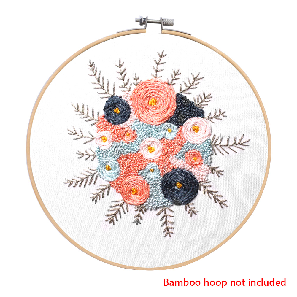 Embroidery Kit Beginner DIY Stampe Starter Plants Pattern Cloth Color Threads Tools Craft Round Cross Stitch Sewing Craft Kit: 04