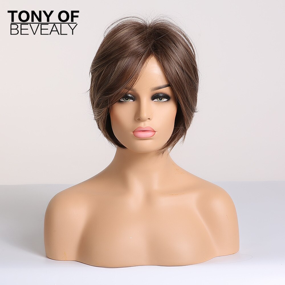 Bob corto-Peluca de cabello lacio Castaño para mujer, pelo sintético con flequillo, capas esponjosas, pelucas para uso diario, fibra resistente al calor