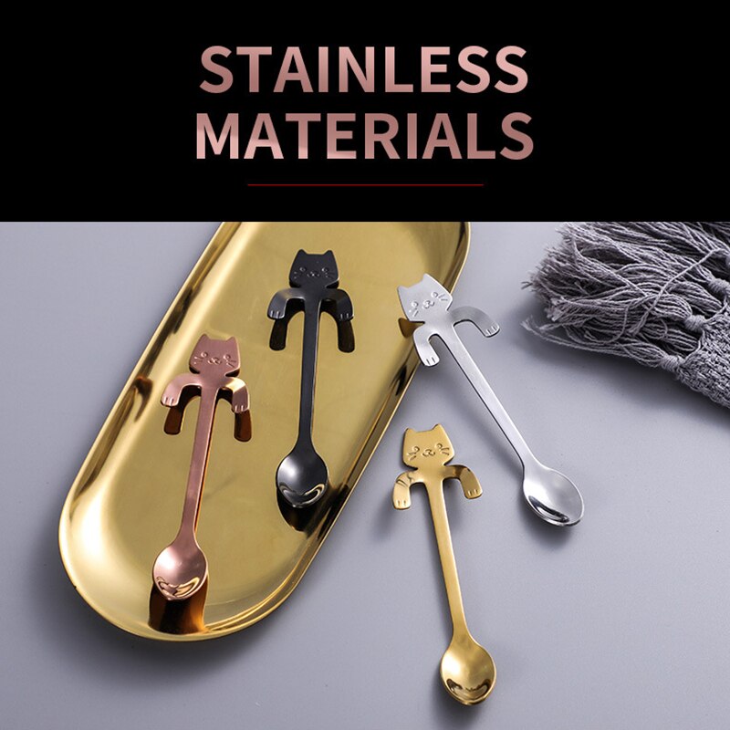 1pcs Stainless Steel Cute Cat Shaped Coffee Spoon Teaspoon Children Spoon 5 Colors Coffee Tea Use Kitchen Cocina
