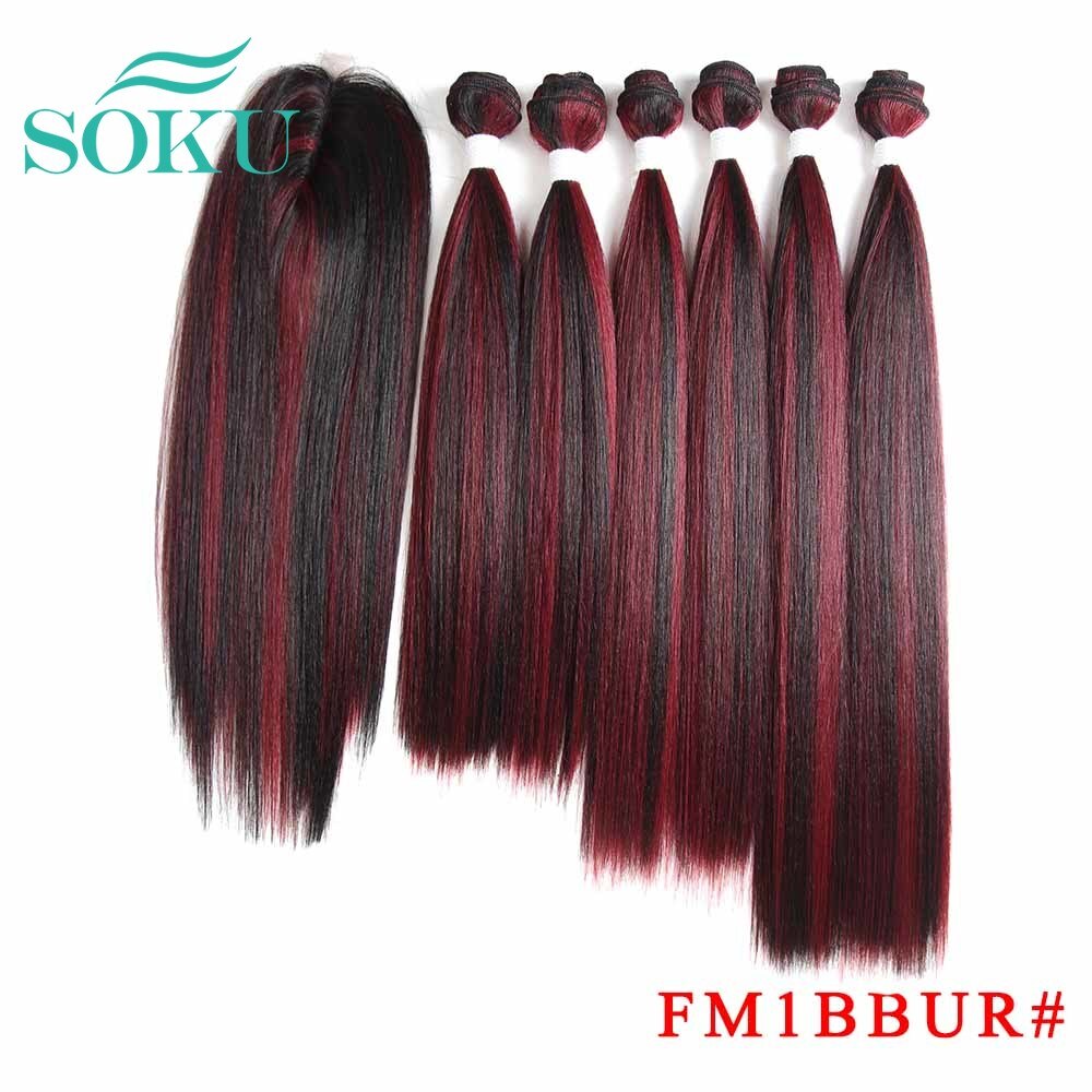 Ombre Bruin Yaki Rechte Synthetisch Haar Bundels Met Sluiting 14-18Inch Soku Hoge Temperatuur Fiber Bundel Haar weven