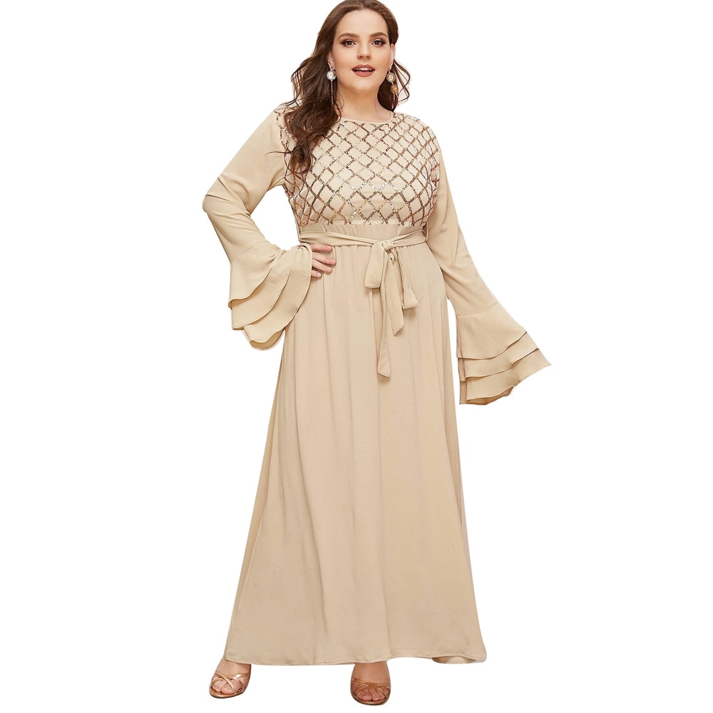 Donne Paillettes Abito Lungo Abaya Dubai Chiffon Caftano Turco Jilbab Musulmano Plus Size Maxi Abito Abito Del Partito Caftano Ramadan Islamico: Apricot / XXXL