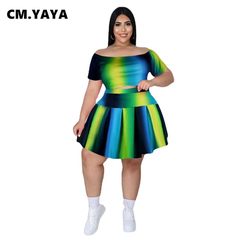 Cm. Yaya Vrouwen Plus Size Set Print Korte Mouw O-hals Crop Tops Korte Geplooide Rokken Twee 2 Stuk Sets Mode Outfits zomer
