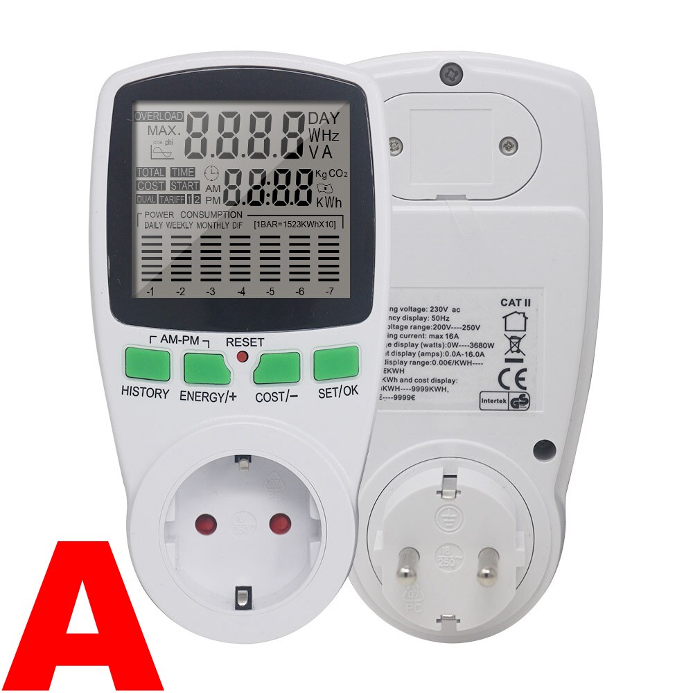 AC Power Energy Meter Digital Wattmeter KWh Watt Volt Amp Time electricity Cost Power Factor Monitor Socket Analyzer 220V EU: A