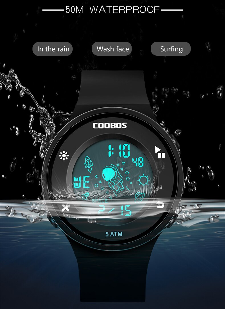 Coobos-Reloj de pulsera electrónico para hombre y mujer, cronógrafo deportivo resistente al agua con pantalla luminosa, 5 bares, ,