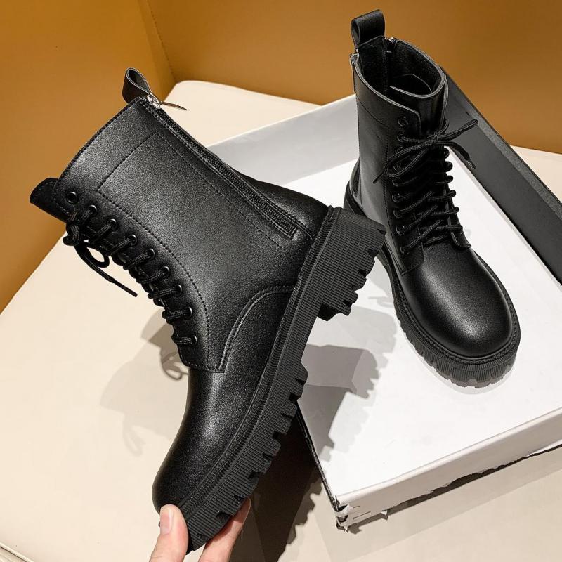 neue Landebahn Dicke Sohle Runde Kappe Stiefeletten Frau niedrig Fersen Postleitzahl Motorrad Stiefel Für Frau Spitze hoch Schwarz ritter