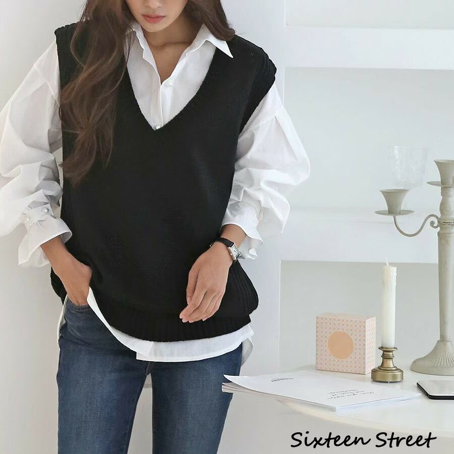 Høstgenser damevest koreansk elegant v-hals strikket genser kvinne solid høst vinter vintage ermeløs casual genser: Svart