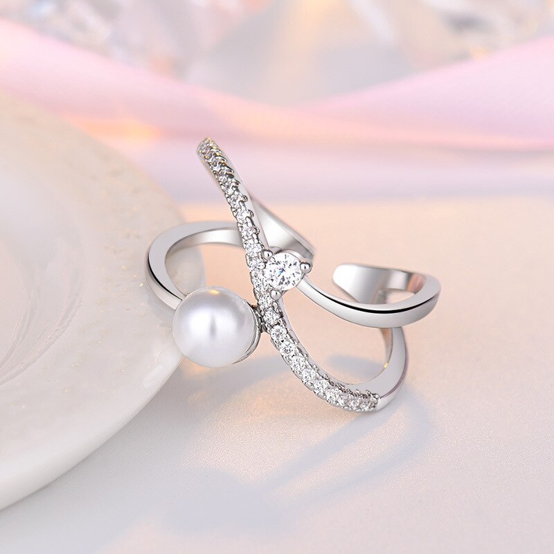 Women's rings, 925 silver jewelry, pearl, zircon gemstones, open finger ring accessories for wedding, engagement, party