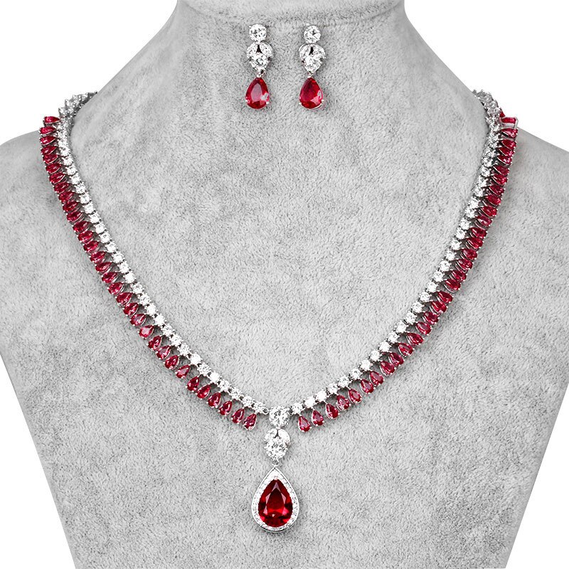 WEIMANJINGDIAN bleu/vert/rouge/clair Halo larme cubique zircon collier et boucle d'oreille ensemble de bijoux de mariée: fuchsia cz