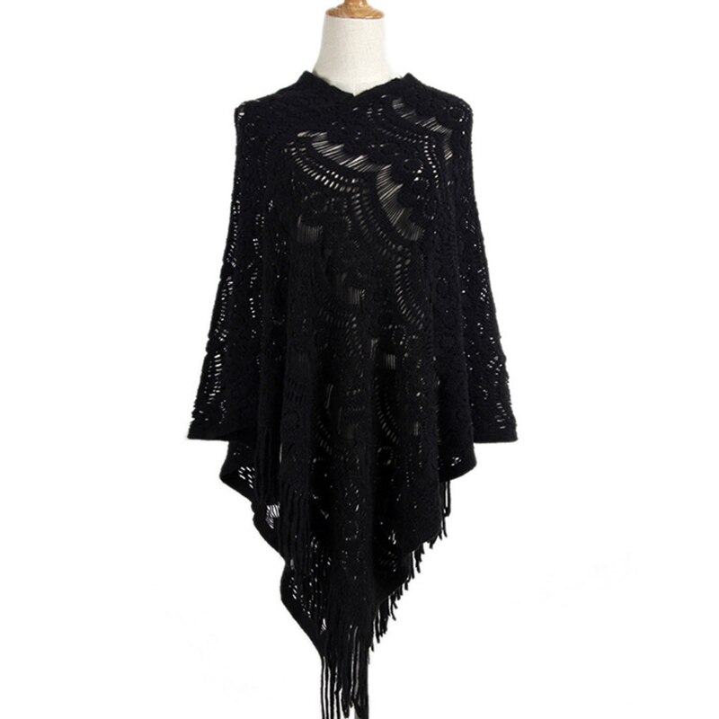 Women Hollow Out Crochet Sweater Cape Pullover Knit Shawl Scarf Tassel Poncho M89E: 6EE406938-BK
