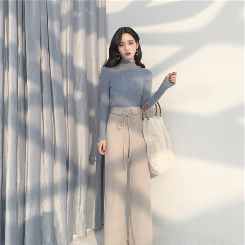 Women Sets Winter Turtleneck Elastic Solid All-match Korean Style Clothes Loose Drawstring Trousers Womens Two Piece Set: blue / M