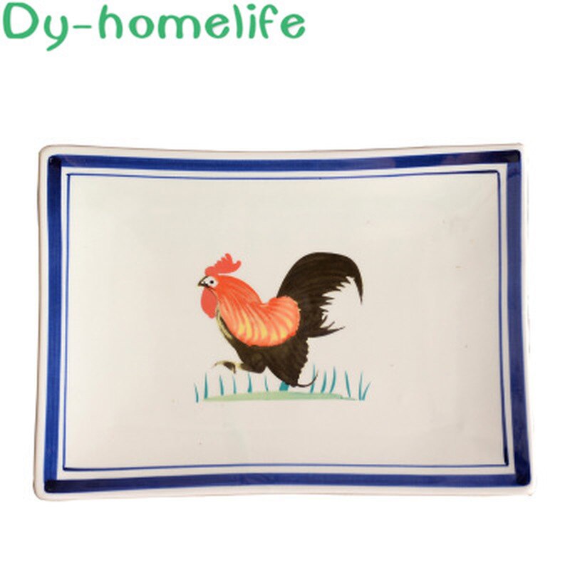 Japanese Style Rooster Figure Rectangular Ceramic Plate Restaurant Household Multi-size Antique Bone China Plate