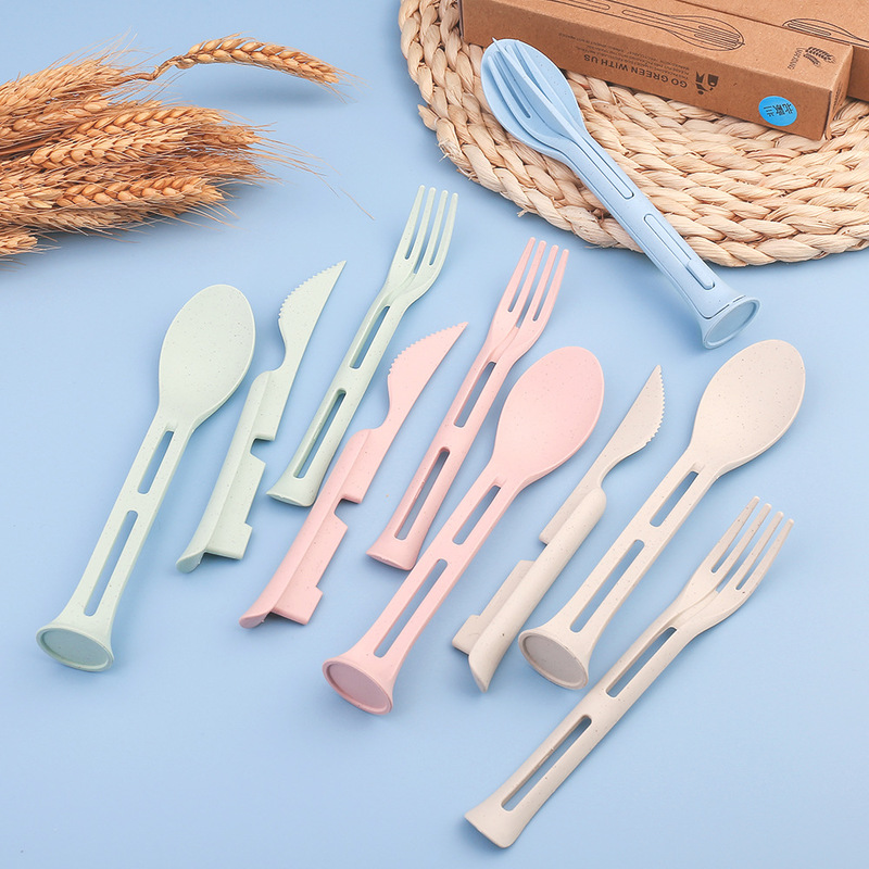 3pcs Three-in-one Portable Tableware Nordic Wheat Straw Knife Fork Spoon Set Western Tableware for Children Kitchen Accessories