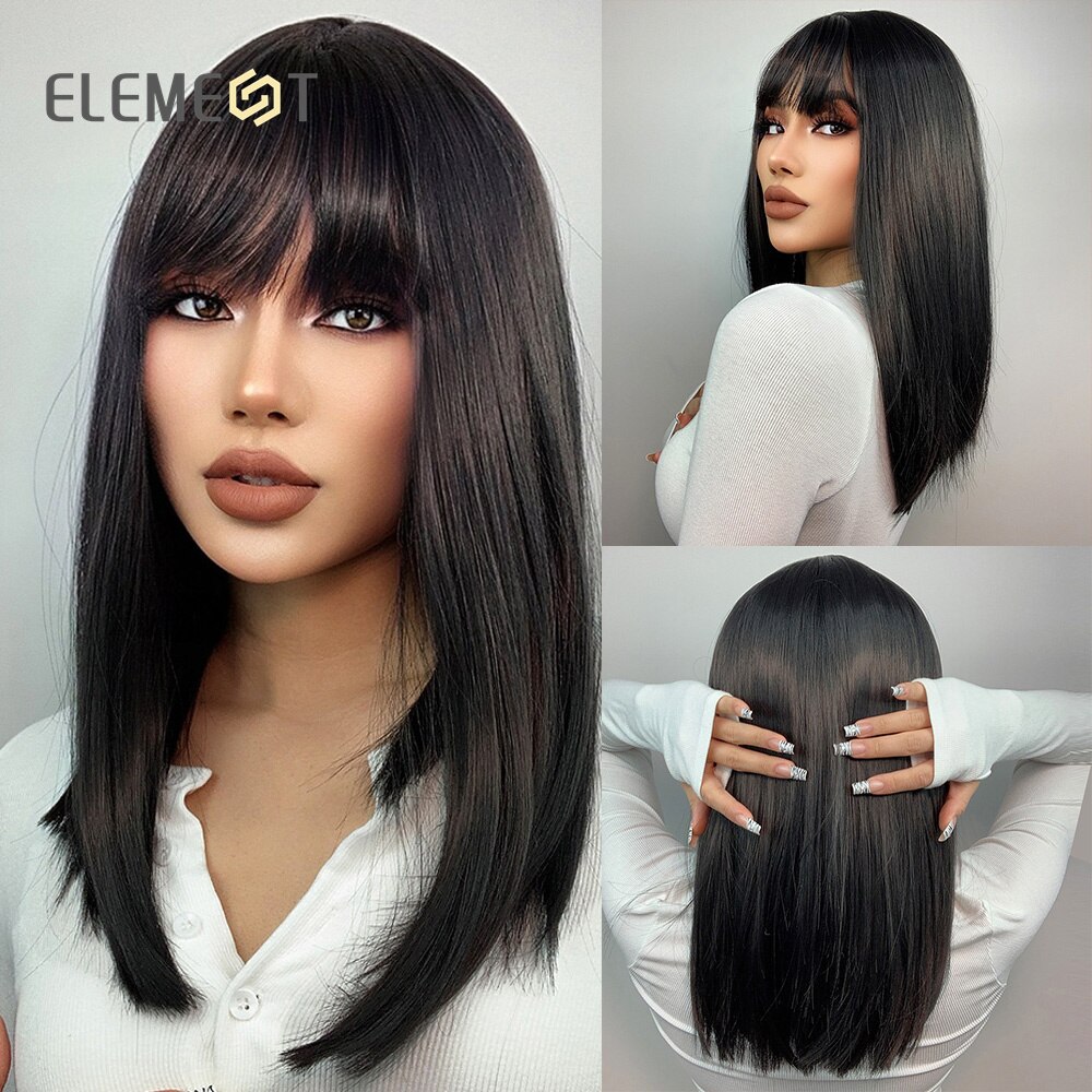 Element 16 Inch Synthetic Wig With Bangs Natural Headline Ombre Brown Color Cosplay Party Replacement Wigs for Women: LC342-1