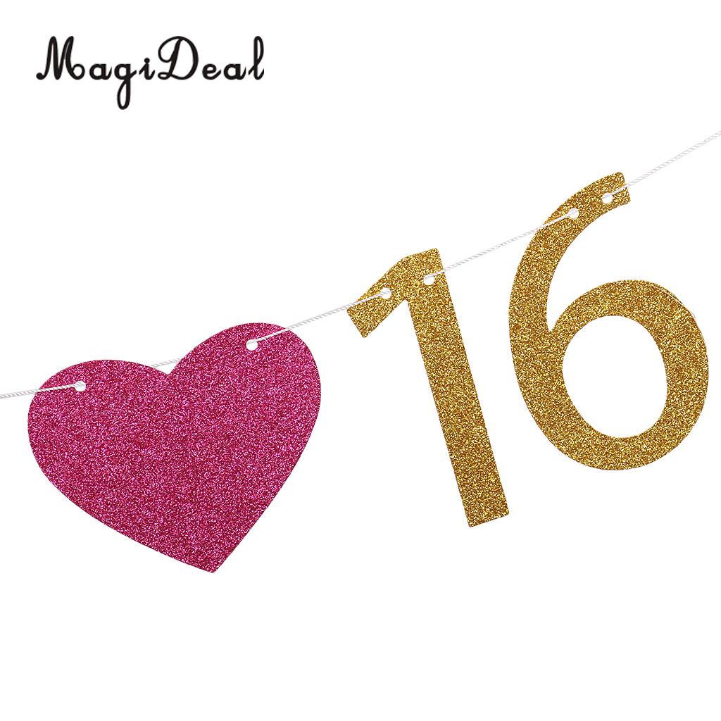 2m 16th Happy Birthday Garland Girls Sweet 16 Letters Rose Heart Party Sixteen Gold Banner Hanging Decoration