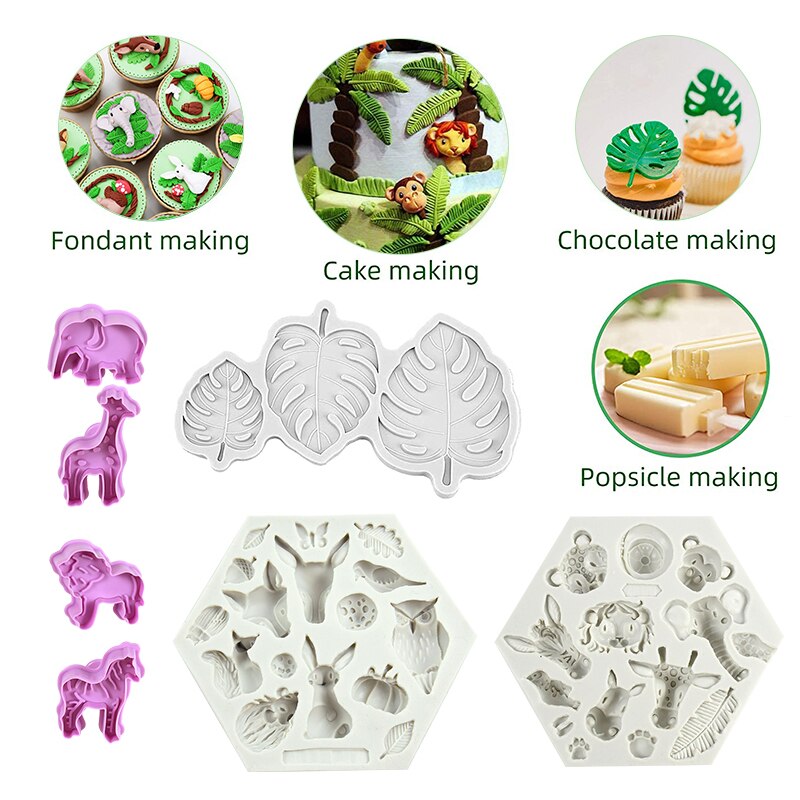 Moule à biscuits en forme d&#39;animaux, forêt, Jungle, tortue verte, feuille, tampon à cookies pour enfants, sauvage, fête d&#39;anniversaire, bricolage, décoration de gâteau